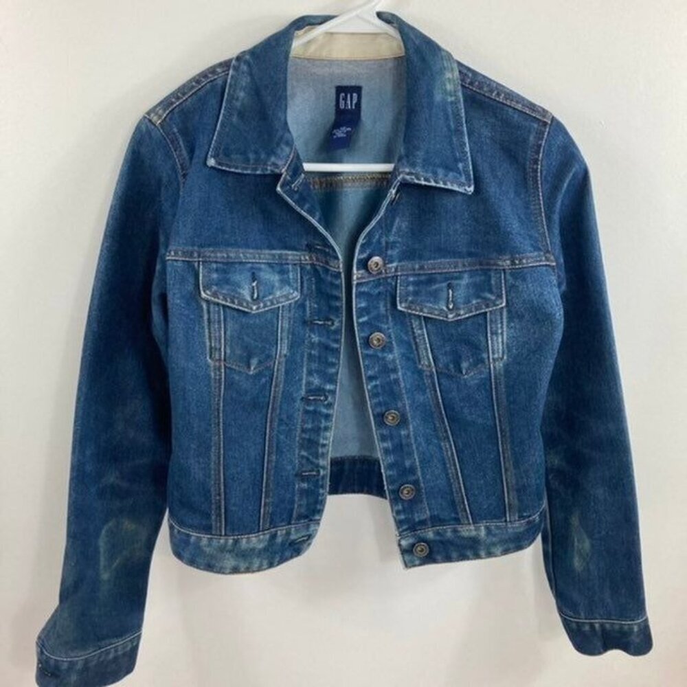 Womens Gap Distressed Denim Jean Trucker Jacket Blue XS Cotton Polyester
